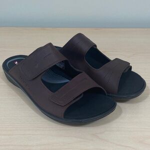 Men's Brown Leather Slide Sandals with Adjustable Straps